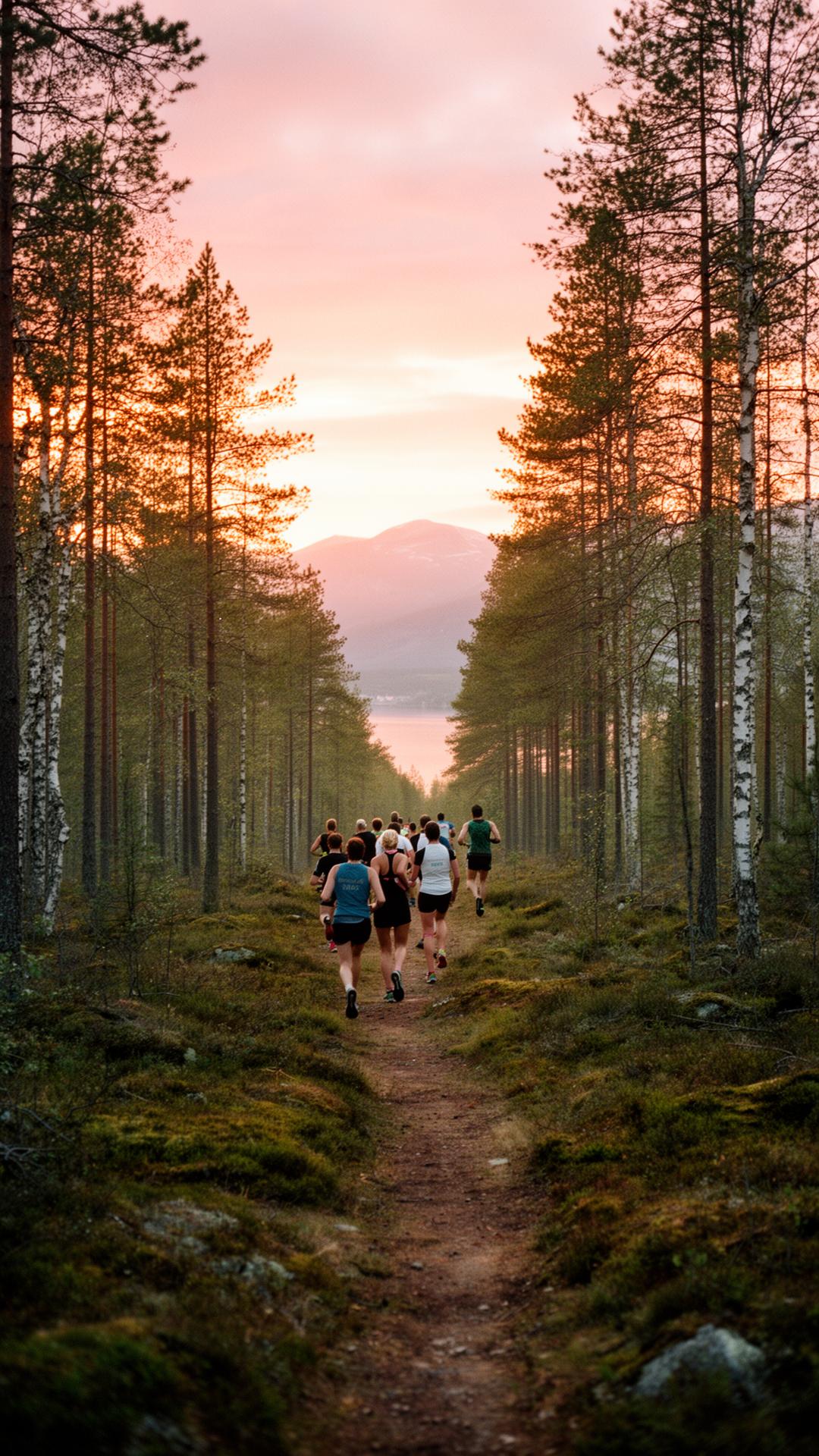 Gruppe unge mennesker som feirer solnedgangen ved en norsk fjord etter løpetur